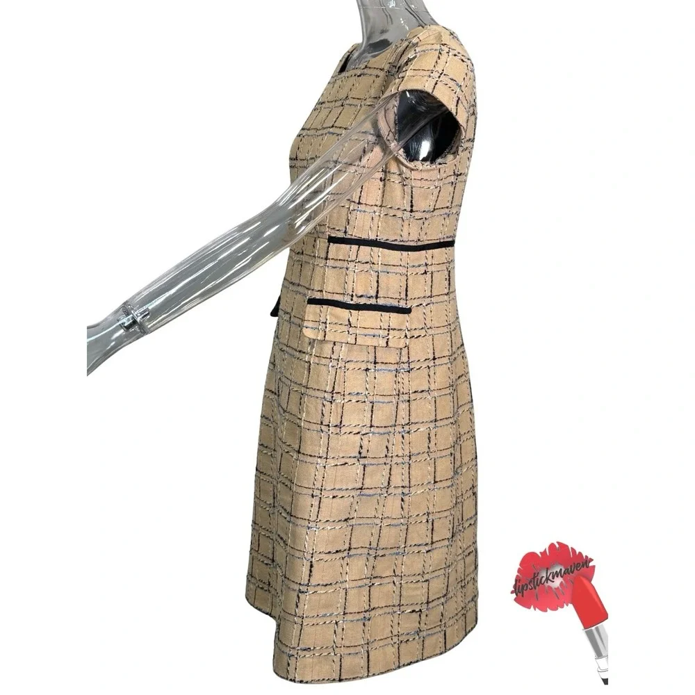 Tory Burch Evie‎ Career Dress Size 10 Woven Neutral Tan Blue Quiet Luxury